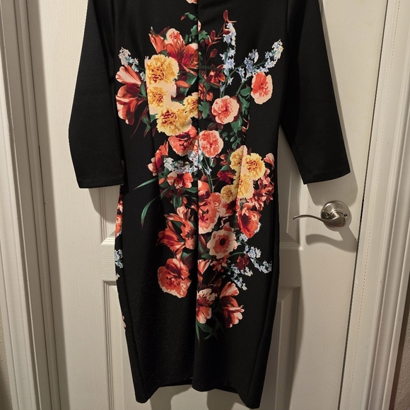 New York & Company Black Midi Dress with Yellow & Coral Floral Print - Picture 2 of 3